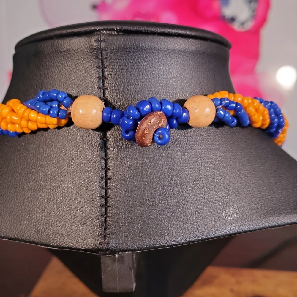 Vintage Seed Bead Twist Blue Snd Orange necklace - Picture 4 of 4
